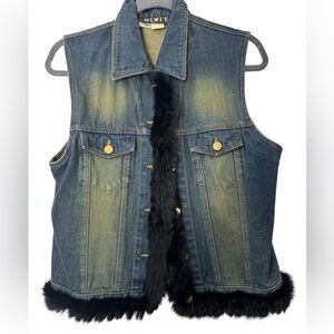 MIXIT Vintage Y2K Blue Denim Vest w/ Real Black Rabbit Fur Trim Sz Large